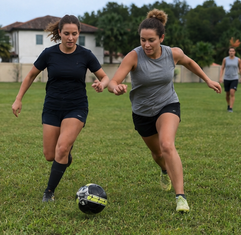 Two women competing for the soccer ball at Idlewild Sports Complex